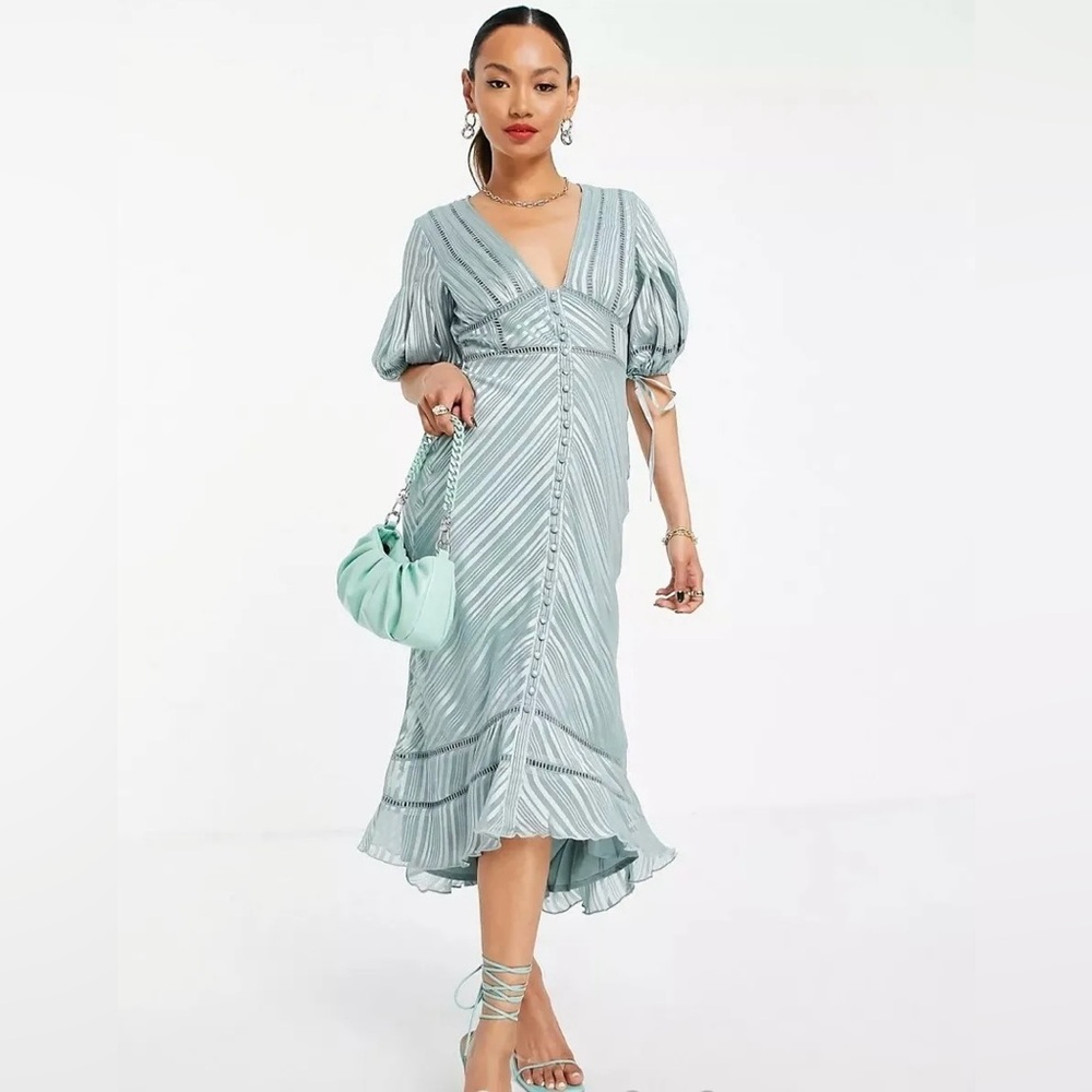 ASOS DESIGN Blue Puff Sleeve Midi Dress with Lace Trim in Satin Jacquard